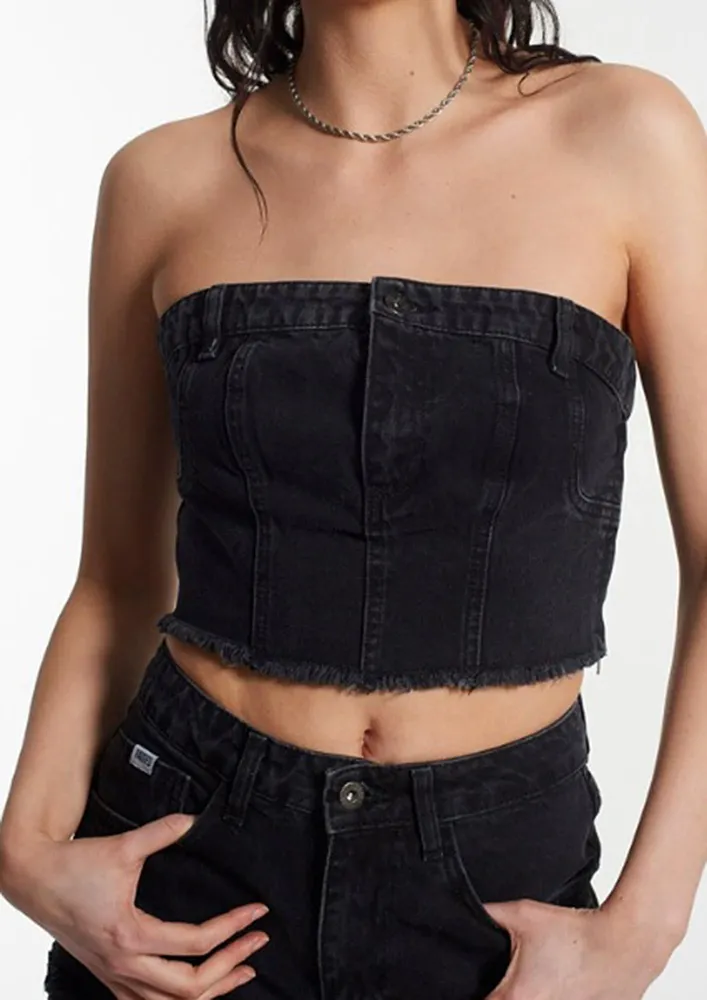 STRAPLESS BLACK DENIM CROP TOP