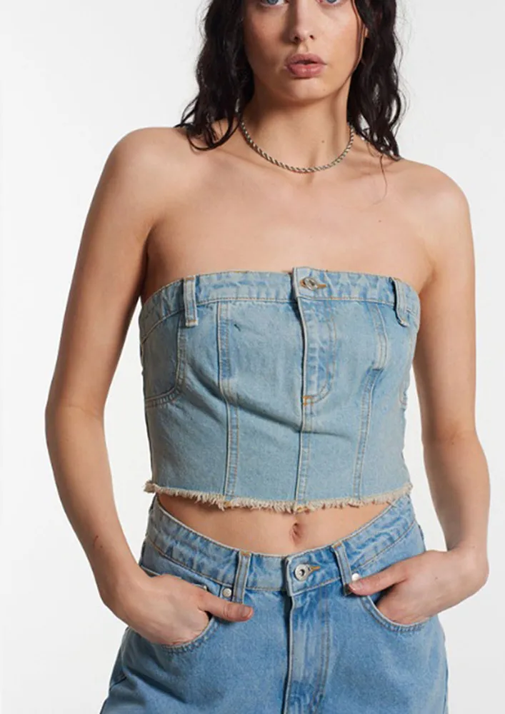 STRAPLESS BLUE DENIM CROP TOP