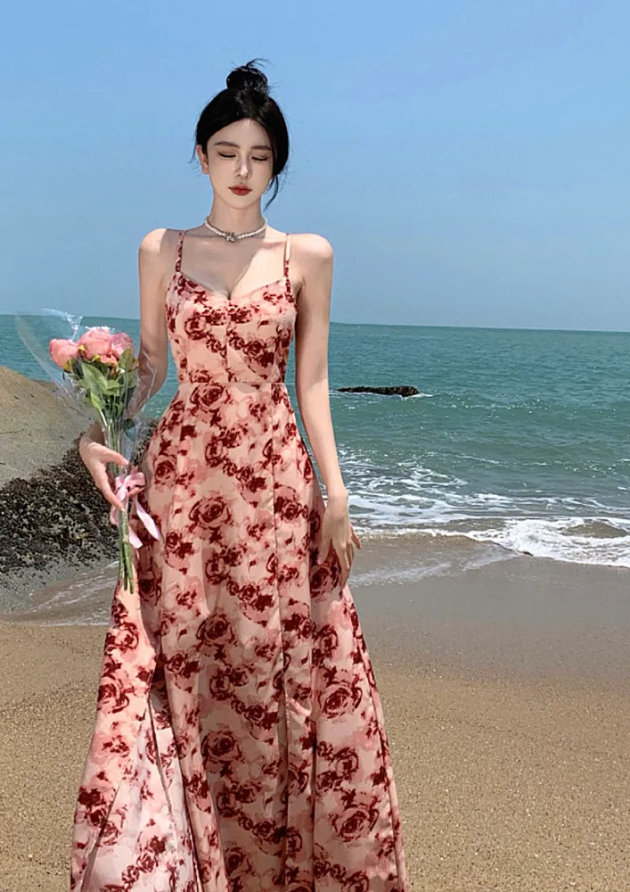 Printed Red Backless Lace-up Maxi Dress