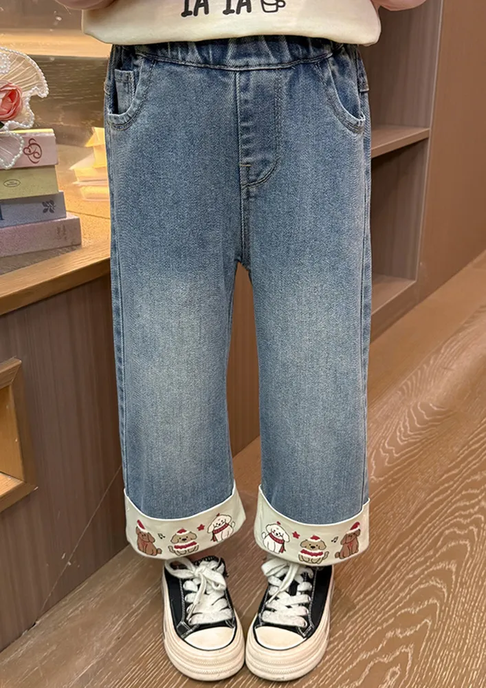 Girls Blue Printed-hemline Jeans