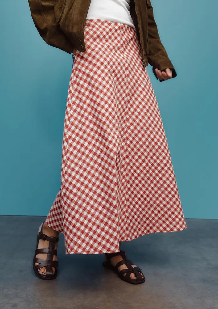 Ginghma Check Red A-line Maxi Skirt