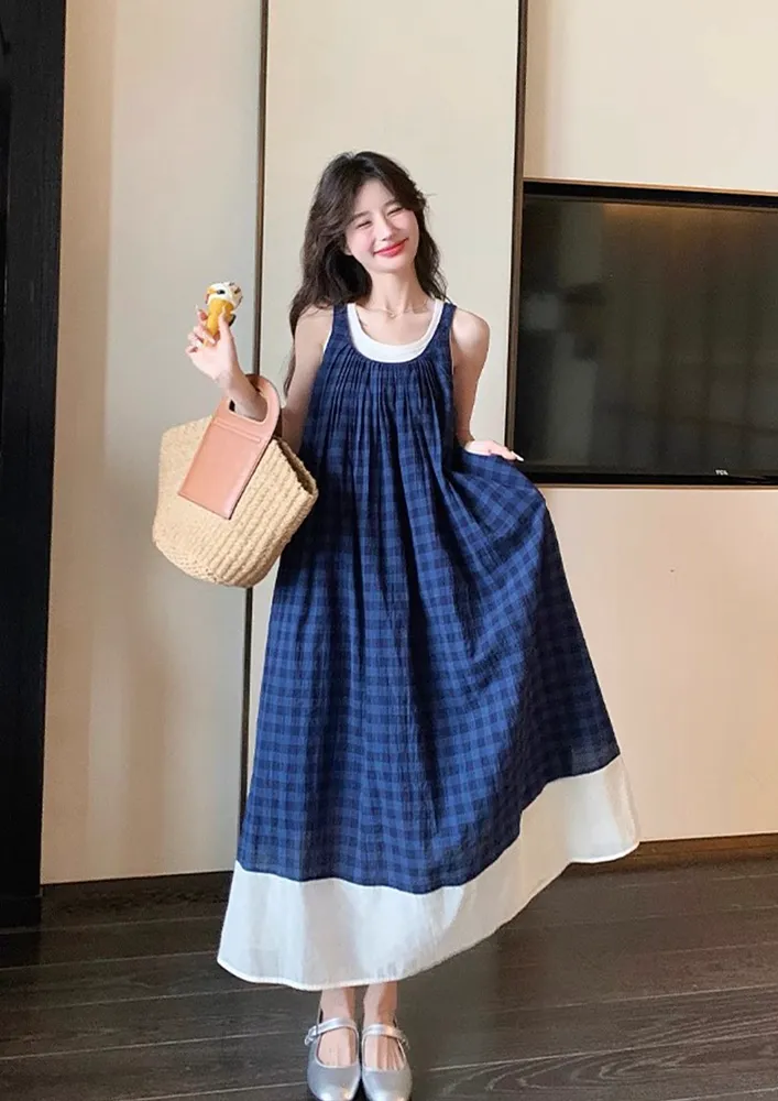 Blue Check Print Long Tent Dress