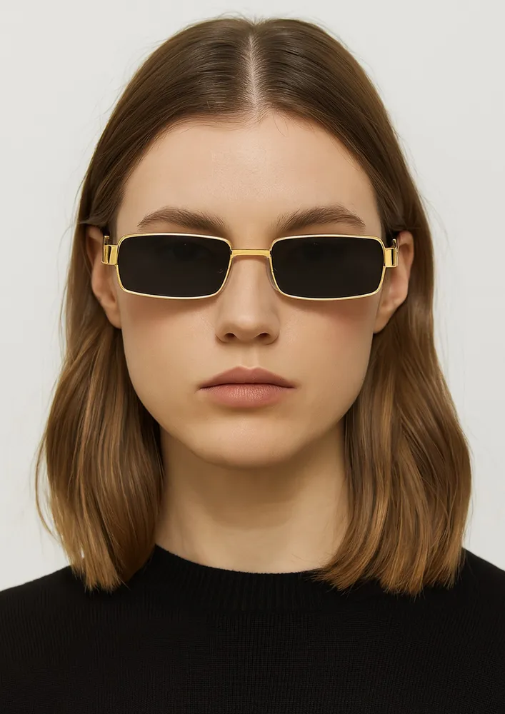 RECTANGULAR GOLD BLACK RETRO TINTED SUNGLASSES