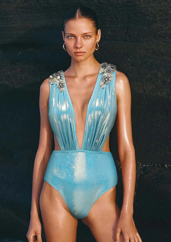 Metallic Blue Cut-out Detail Swimsuit