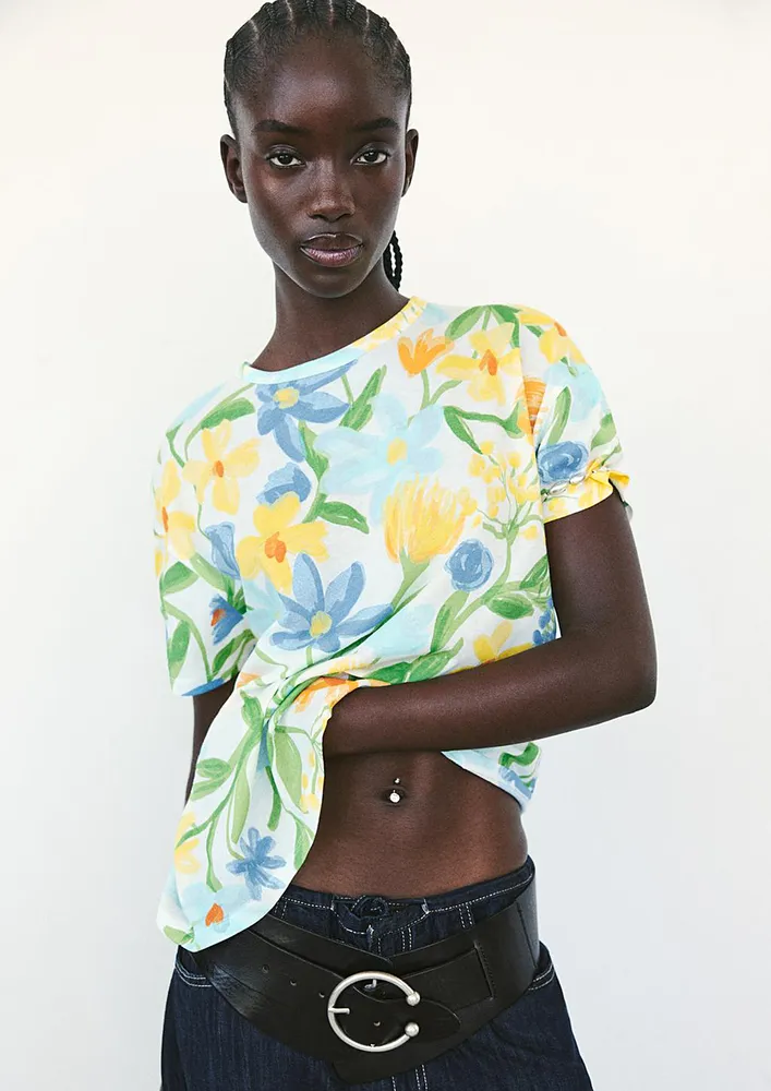 Yellow Regular Fit Floral Print T-shirt