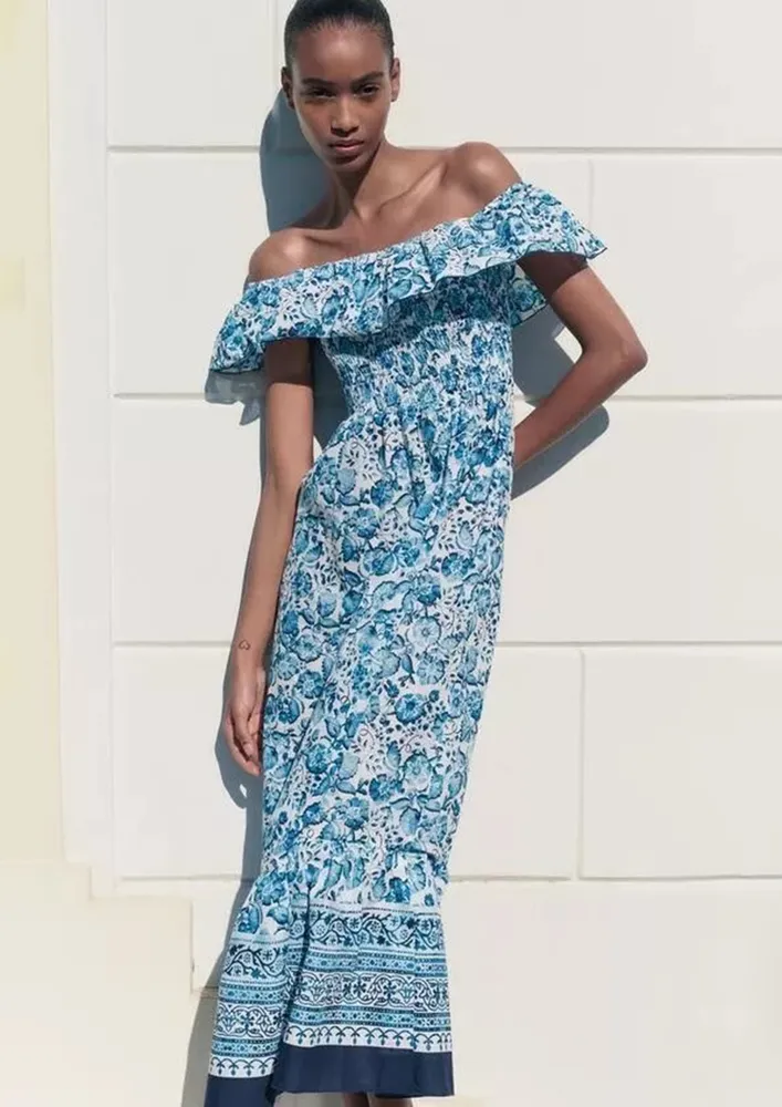 Off-shoulder Blue Printed Midi Dress