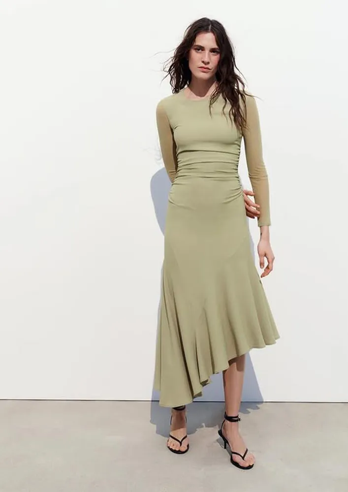 Panelled Green Asymmetrical Hem Dress