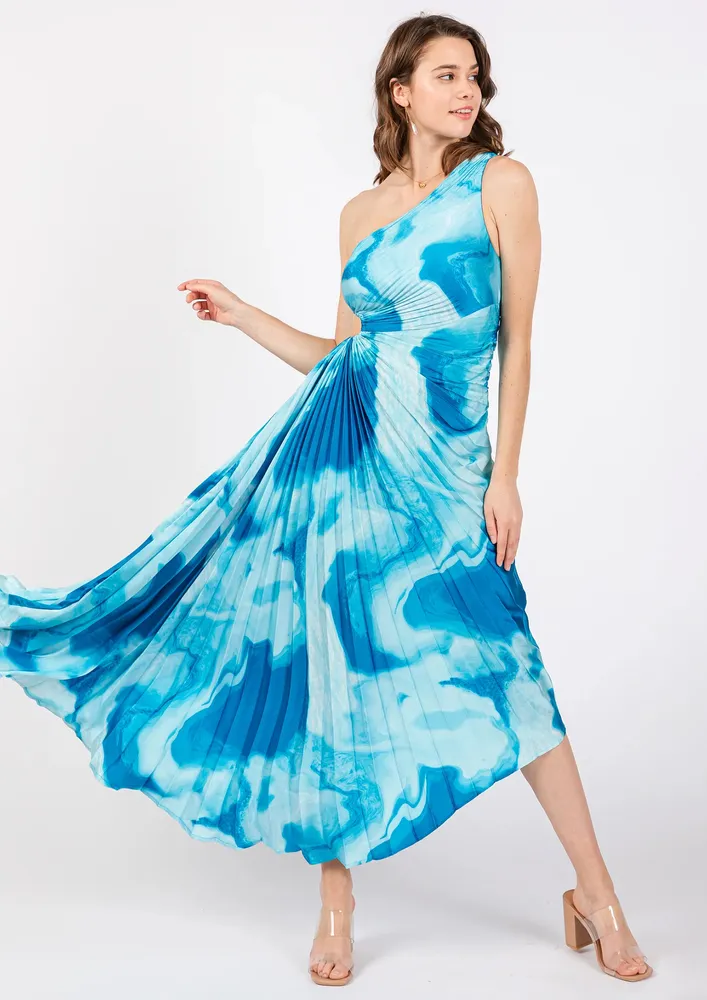 Blue Accordion Pleated Asymmetrical Dress