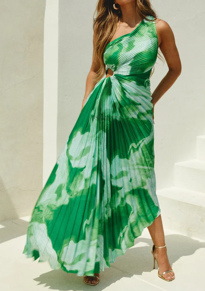 Green Accordion Pleated Asymmetrical Dress