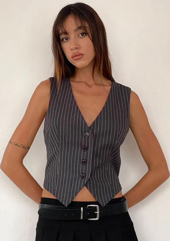 Grey Pinstripe Pattern Button-up Vest