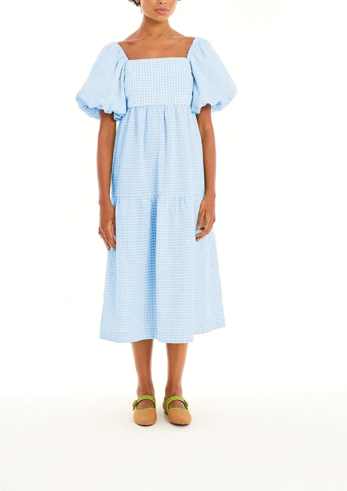 Blue Gingham Print Tiered Midi Dress