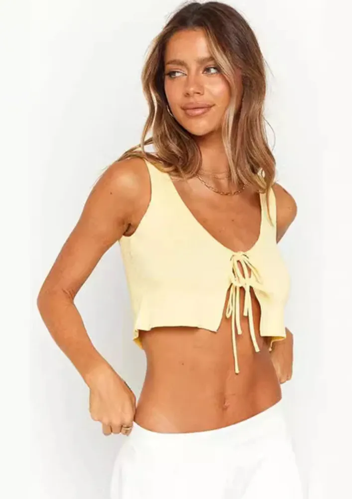 Yellow Ribbed Tie-up Bow Knot Crop Top