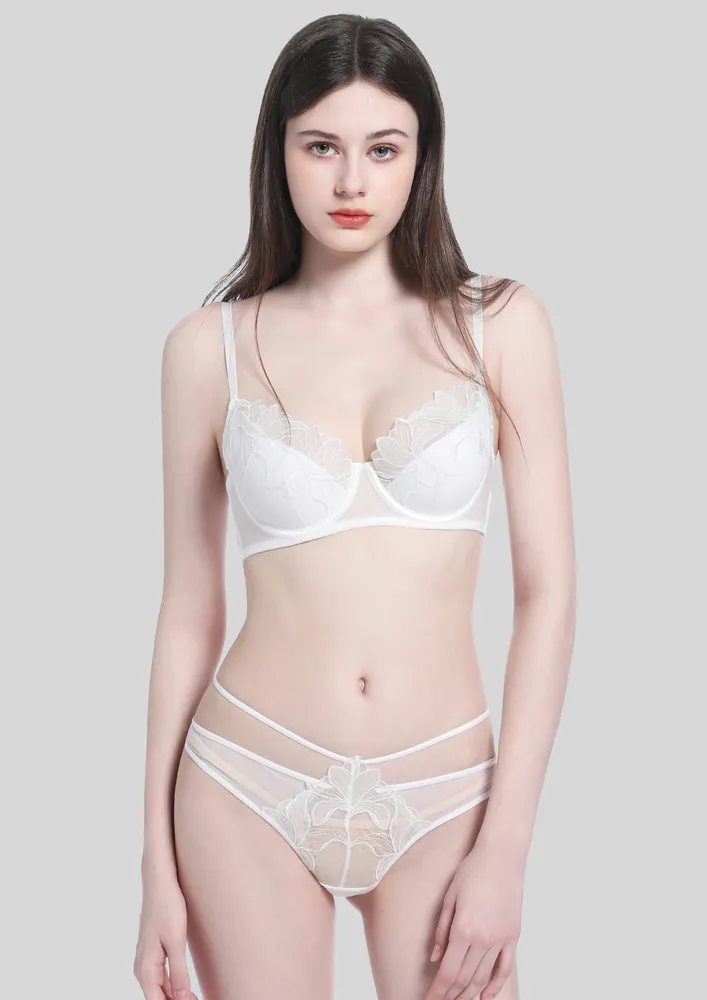 White Embroidered Padded Bra & Thong Briefs