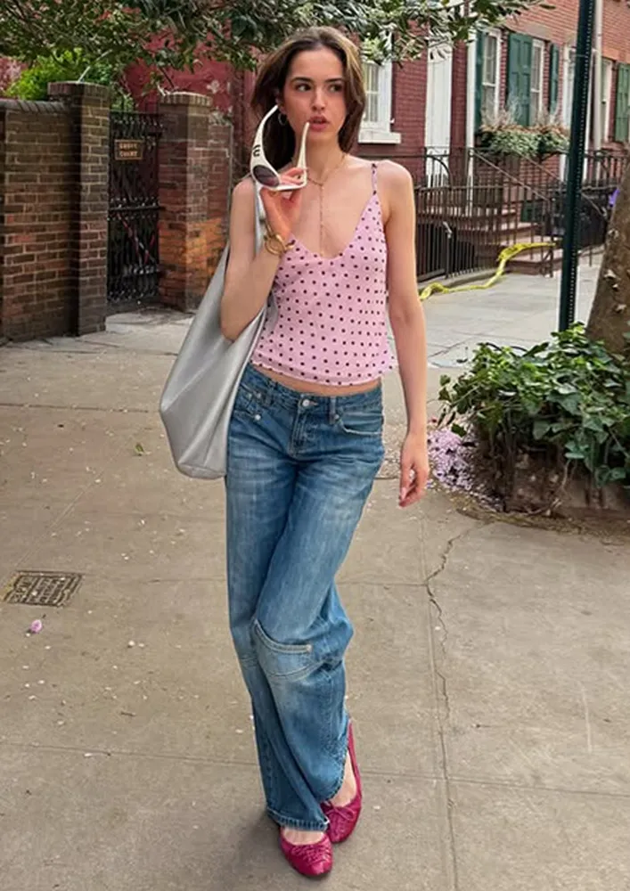 Pink Polka Dot V-neck Crop Top