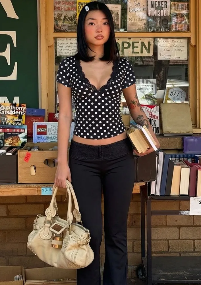 Black Polka Dot Lace V-neck Top