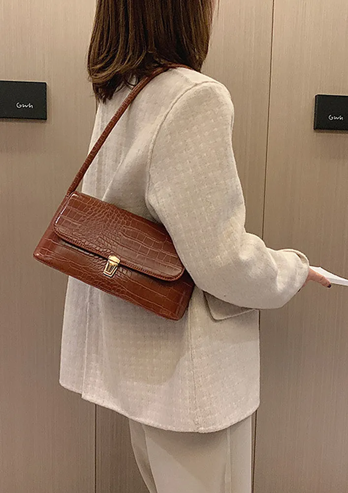 BROWN EMBOSSED PATTERN SHOULDER BAG