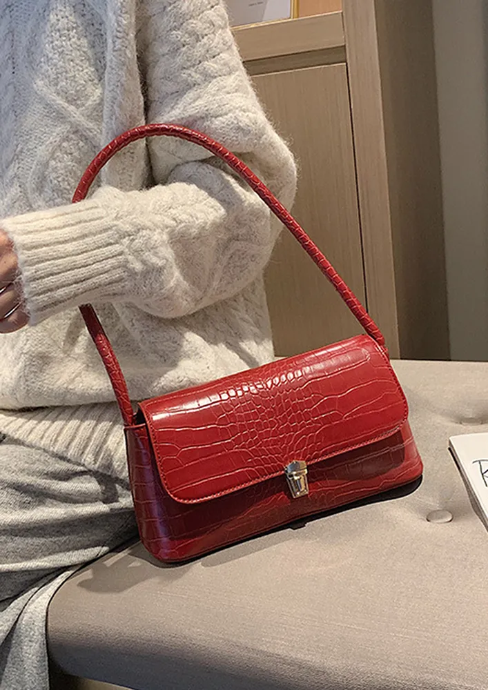 EMBOSSED PATTERN RED SHOULDER BAG