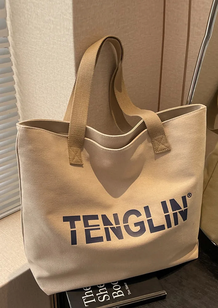 KHAKI LETTER PRINTED TOTE BAG