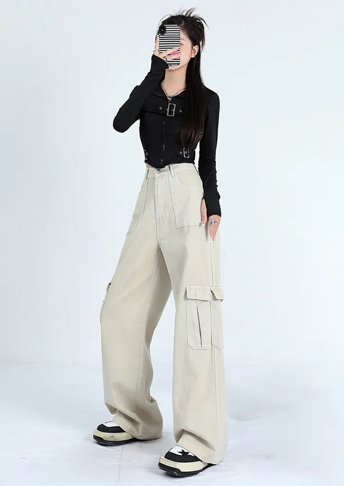 WIDE LEG MULTI-POCKET APRICOT CARGO PANTS