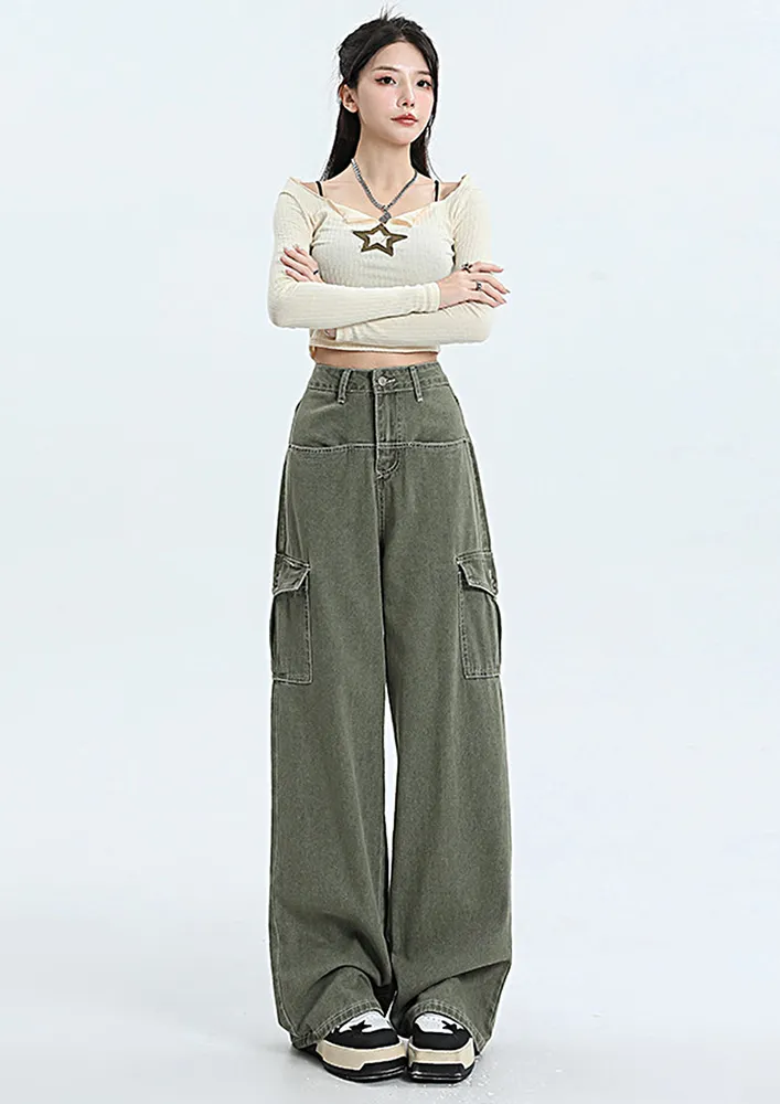 Green High-waisted Wide Leg Jeans