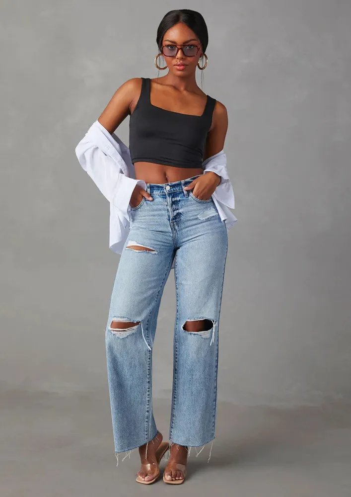 Blue Raw-edge Ripped Jeans