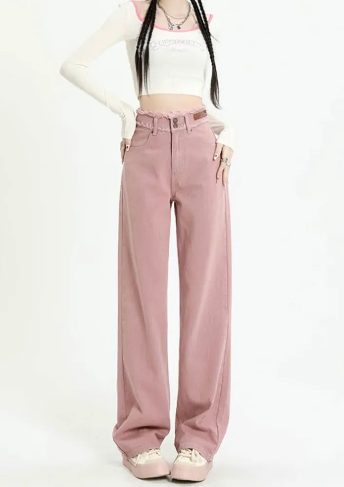 Pink Frayed-edge Double Buttoned Jeans