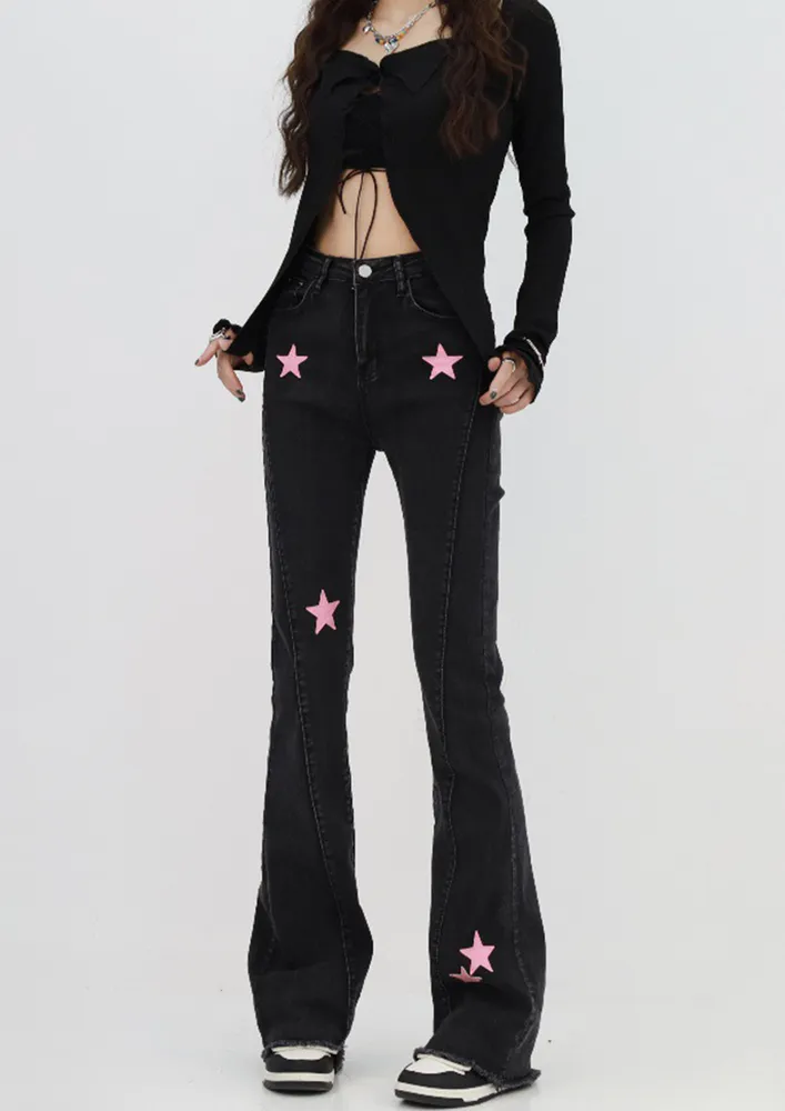 Black Contrast Star-applique Bootcut Jeans