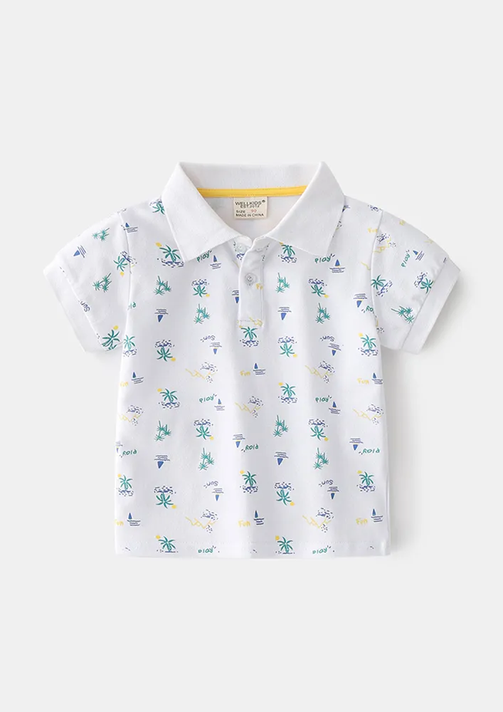 Boys White Printed Polo T-shirt
