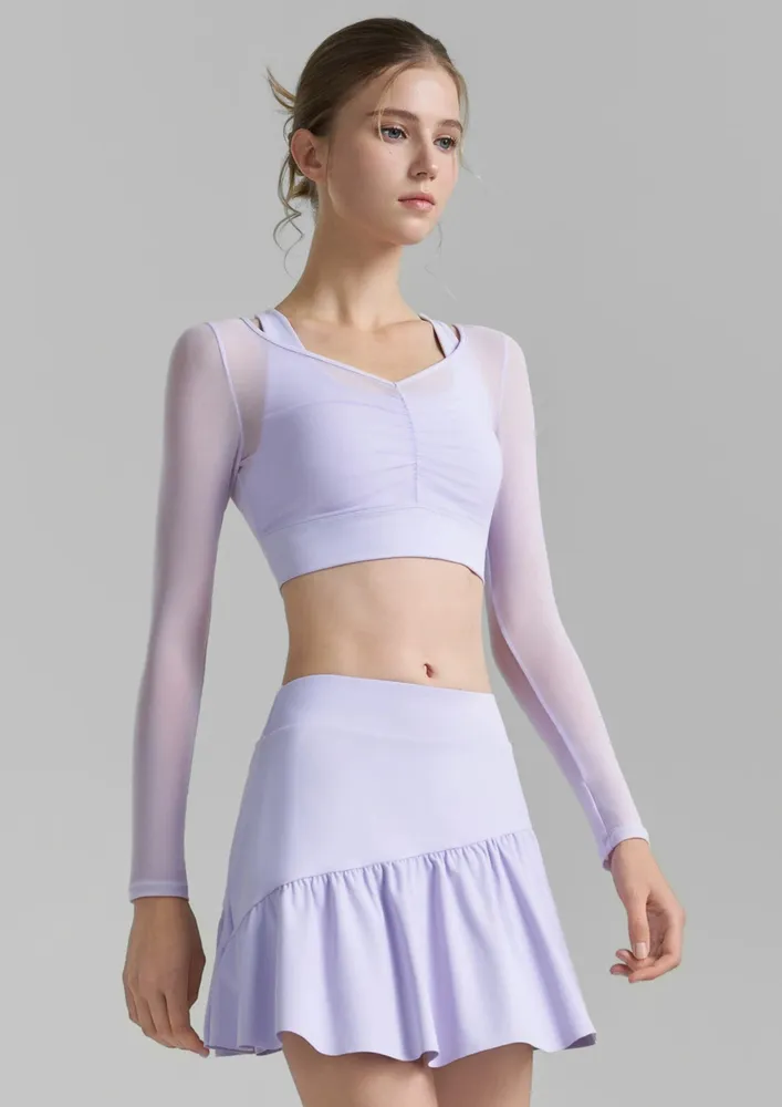 Purple Sheer V-neck Ruched Sports Mesh Top