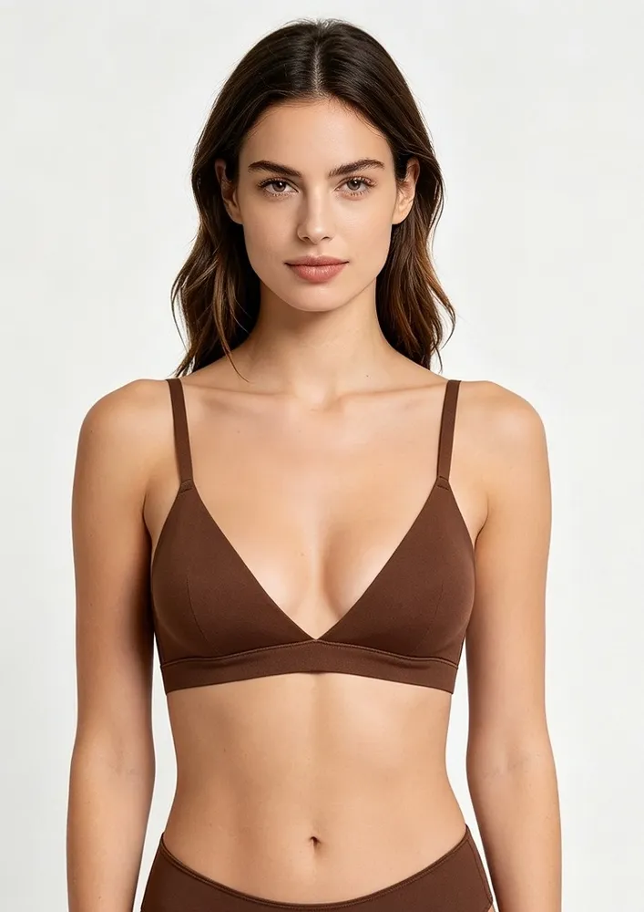 Brown Solid V-neck Bra