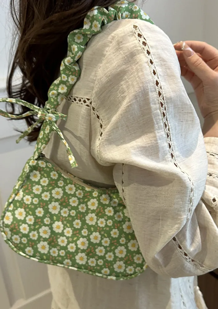 GREEN FLORAL PATTERN CANVAS SHOULDER BAG