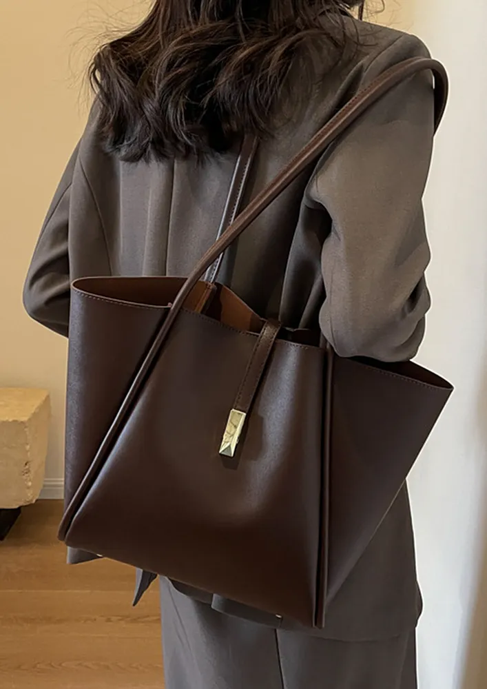 Brown Snap Cloure Black Tote Bag
