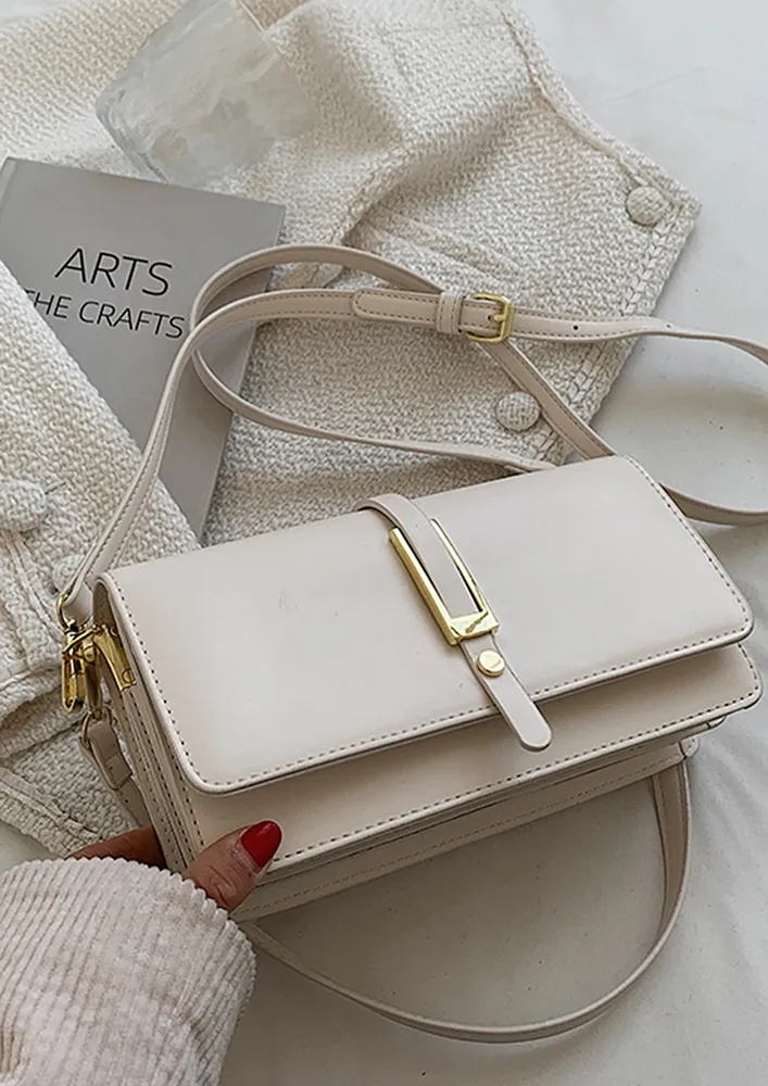 RECTANGULAR FLAP FRONT BEIGE CROSSBODY BAG