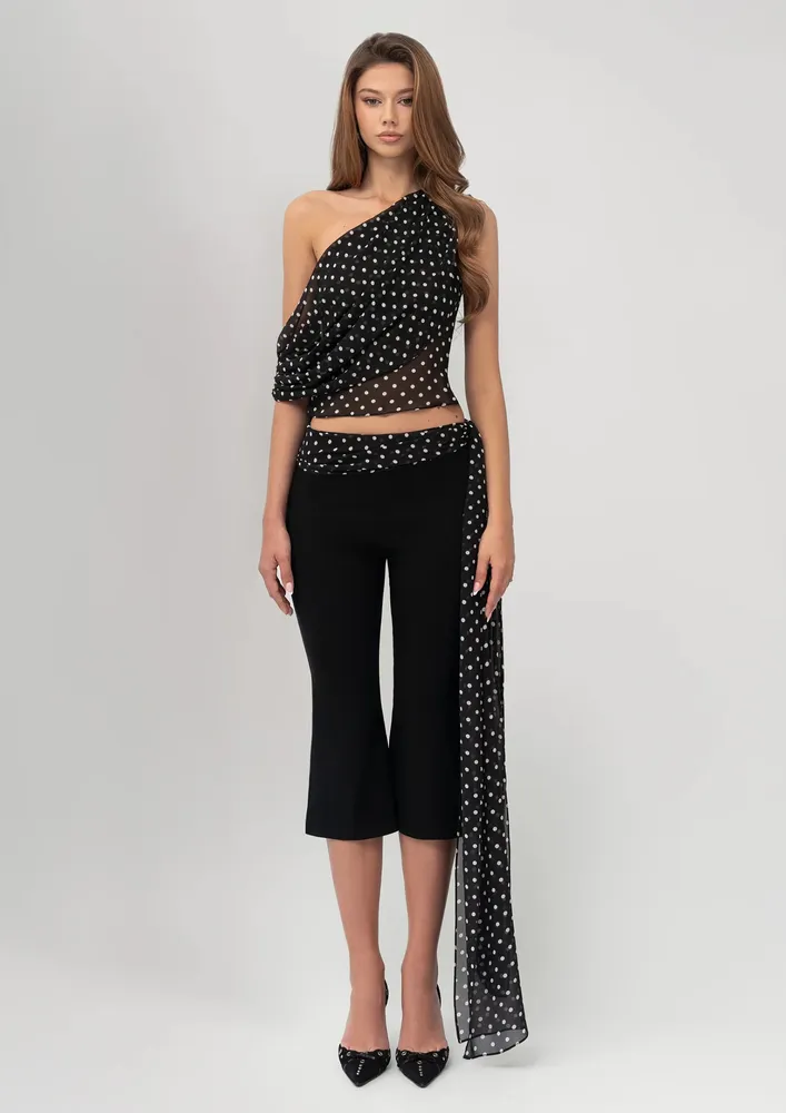 Black Polka Print One-shoulder Top