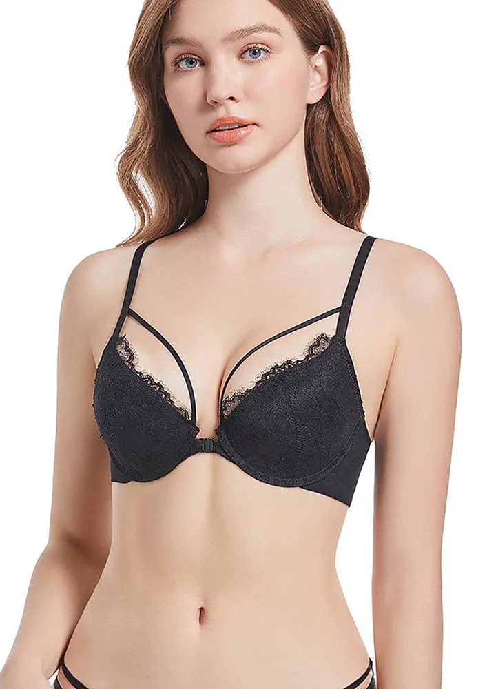 Padded Black Front-open Lace Bra