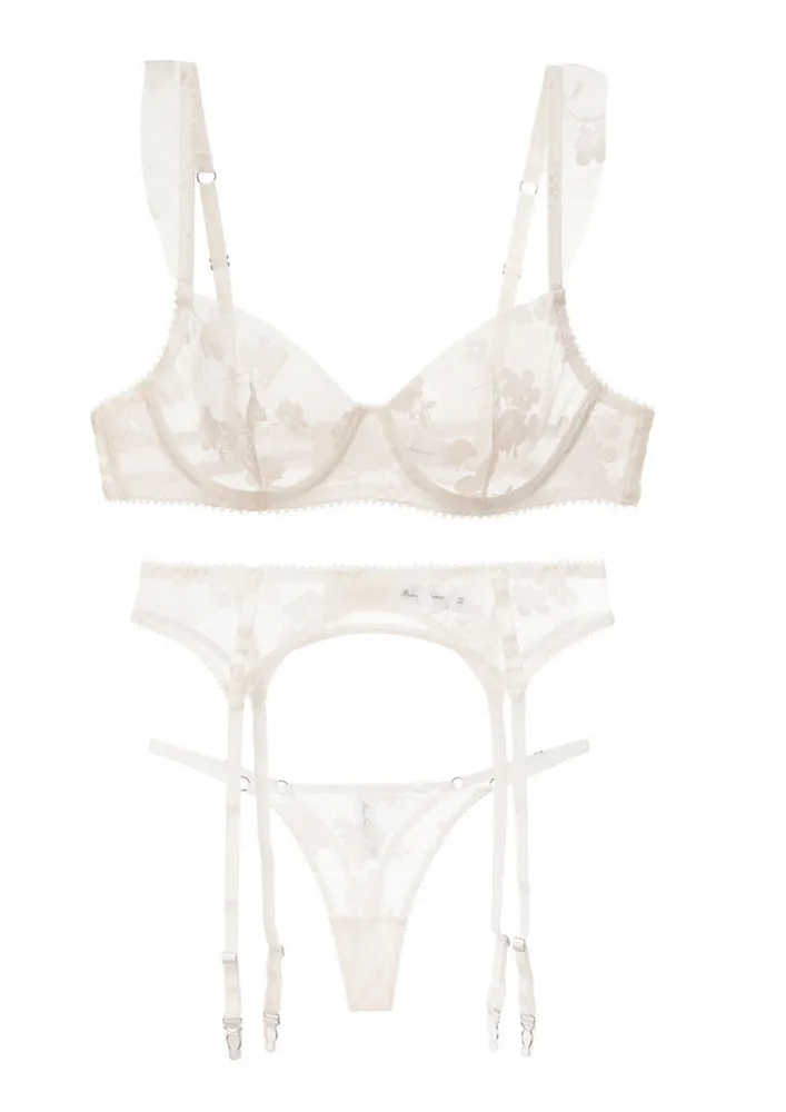 White Embroidered Mesh Bra & Thong Briefs