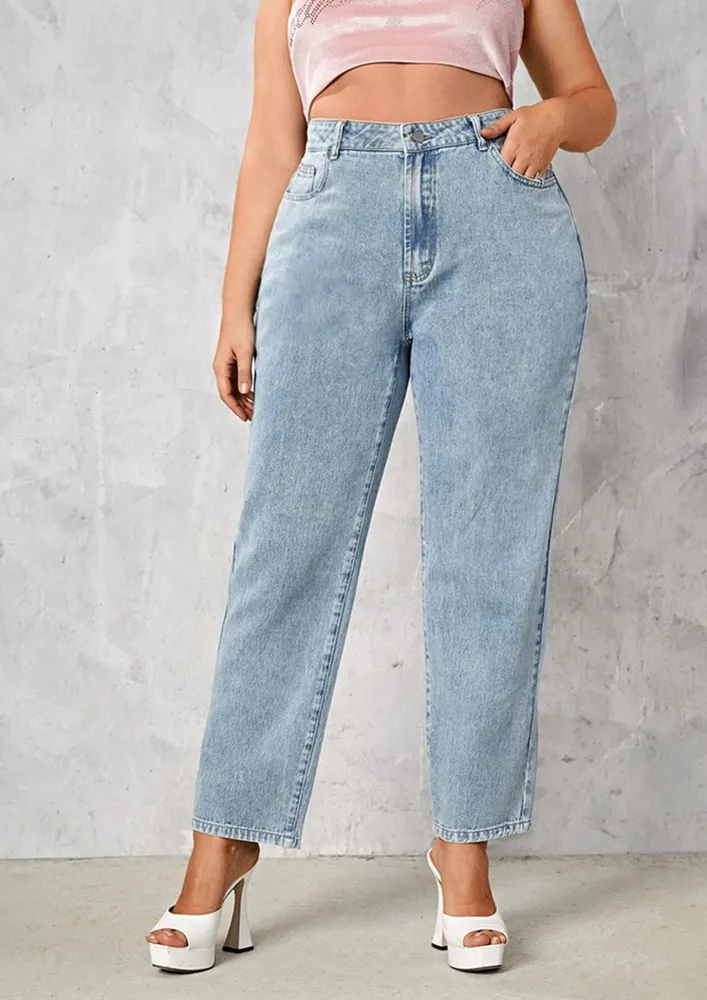 Light Blue Plus Size Ankle-length Jeans