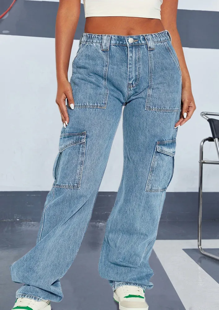 Plus Size Regular Waist Blue Cargo Jeans