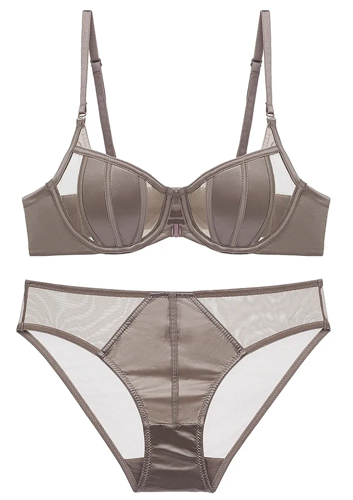 BROWN TRASNPARENT MESH-DETAIL LINGERIE SET