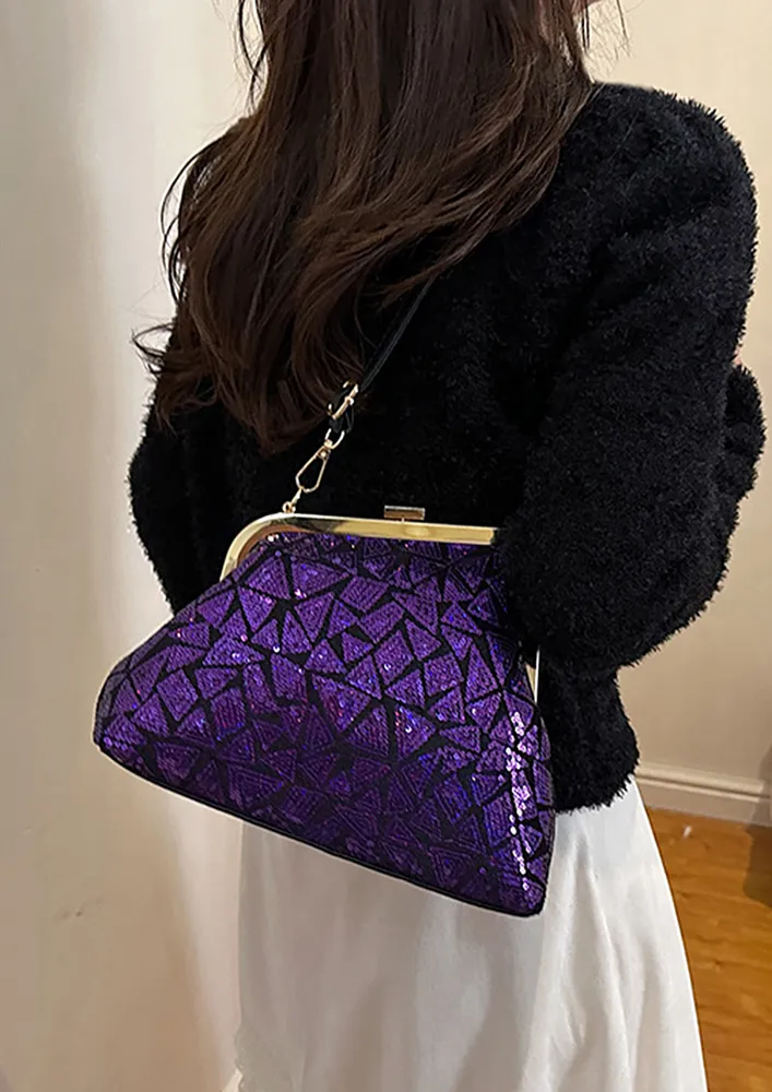 GEOMETRICAL PURPLE PU SEQUIN SLING BAG