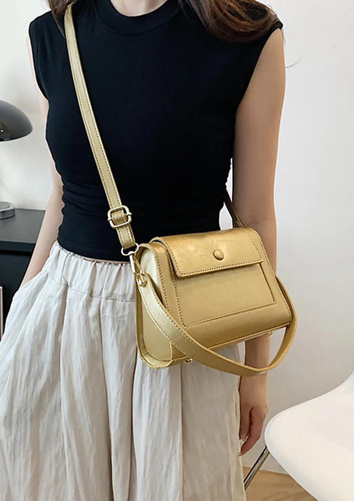 GOLDEN PU LEATHER FLAP-FRONT SLING BAG