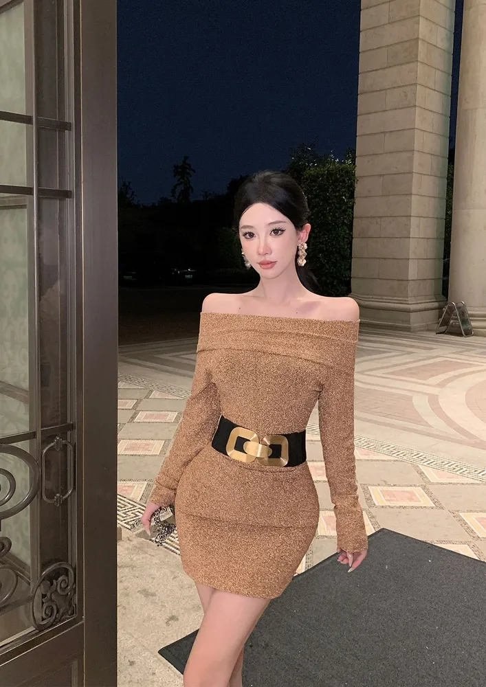 Off-shoulder Golden Shimmery Mini Dress