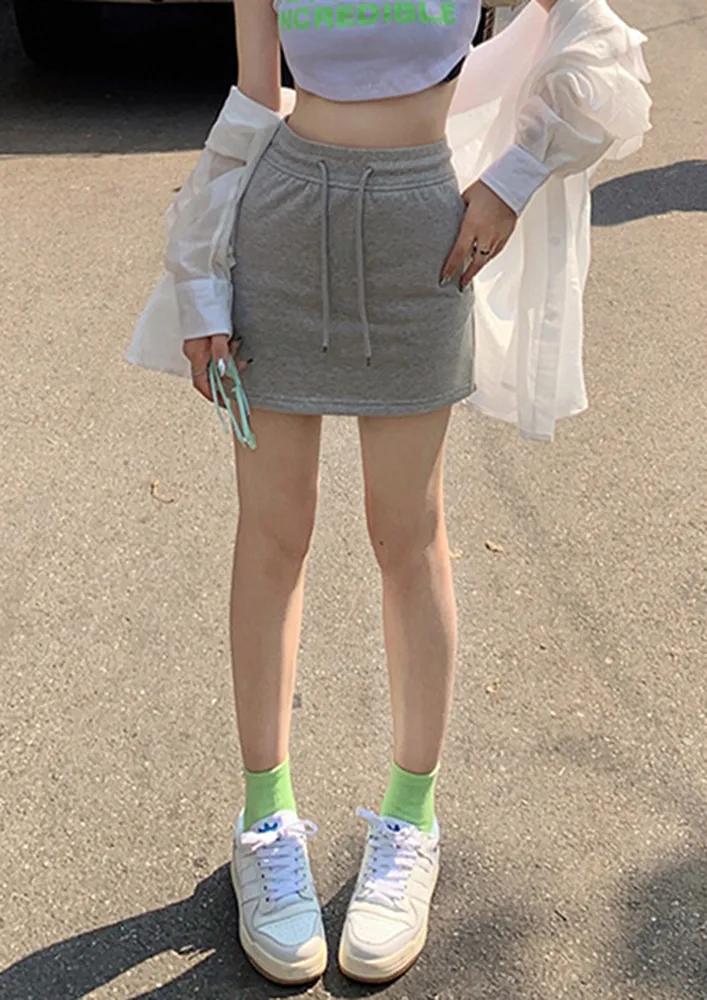 Grey Drawstring Waist A-line Skirt
