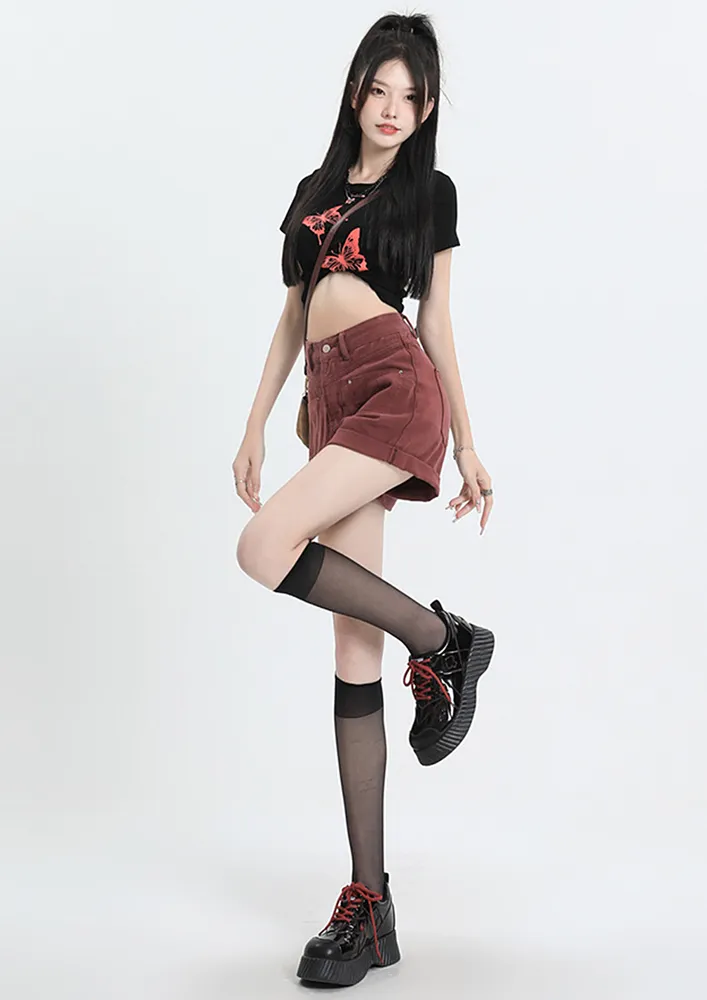 High-rise Red Wide Denim Short