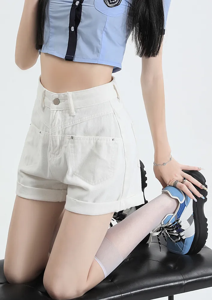 High-rise White Wide Denim Short