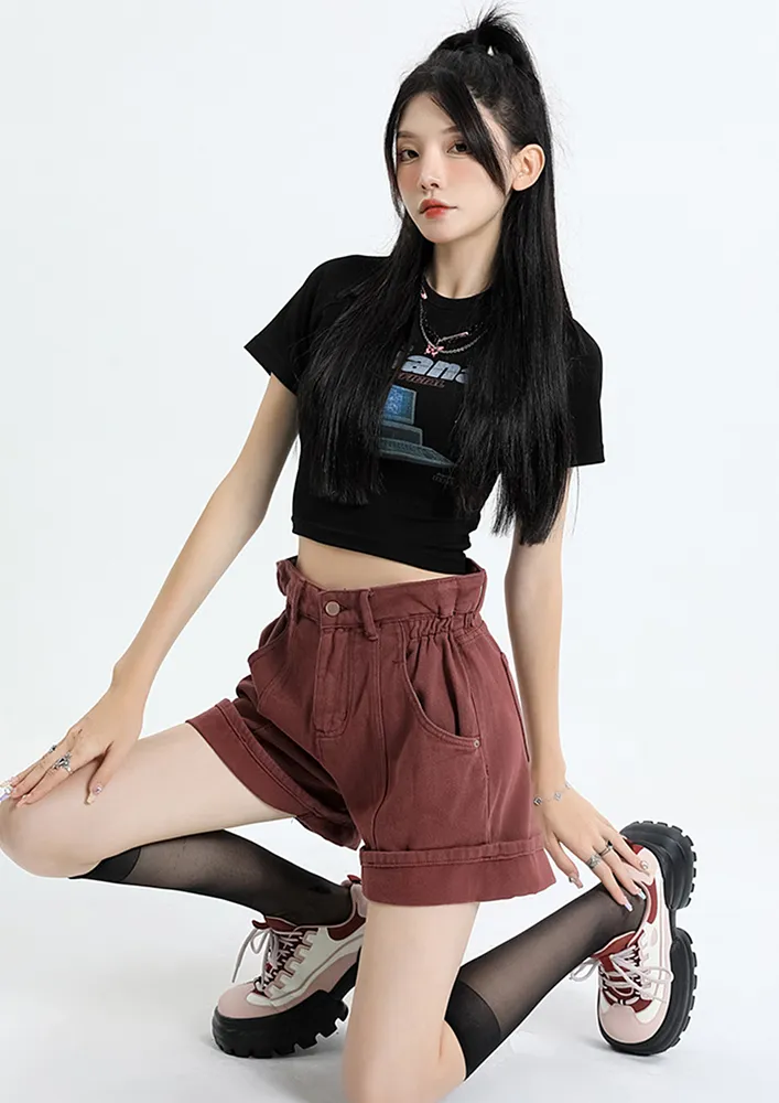 Red Fold-over Hem Wide Denim Short
