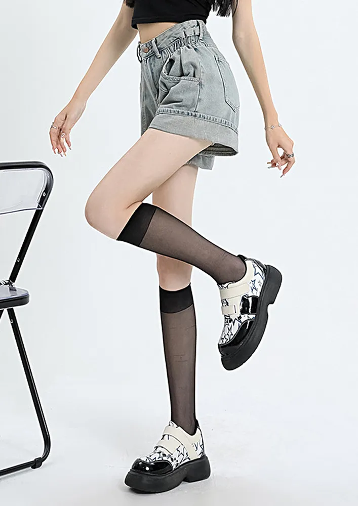Blue Fold-over Hem Wide Denim Short