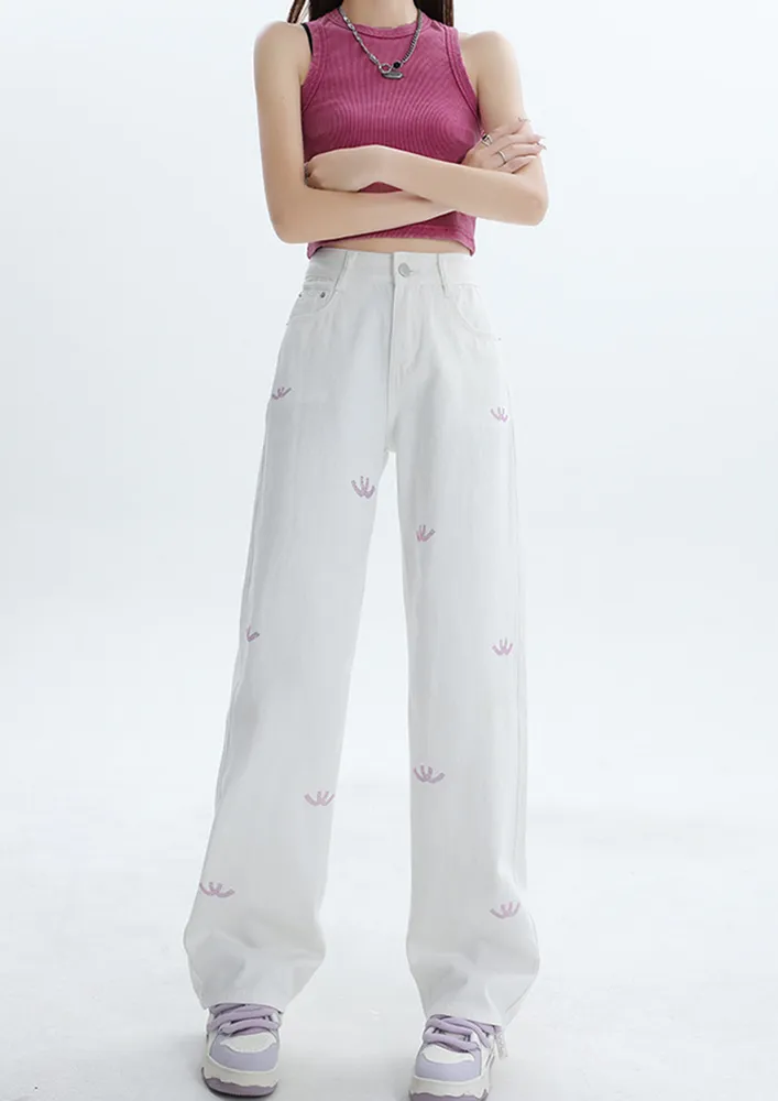 Straight White Motif Print Jeans