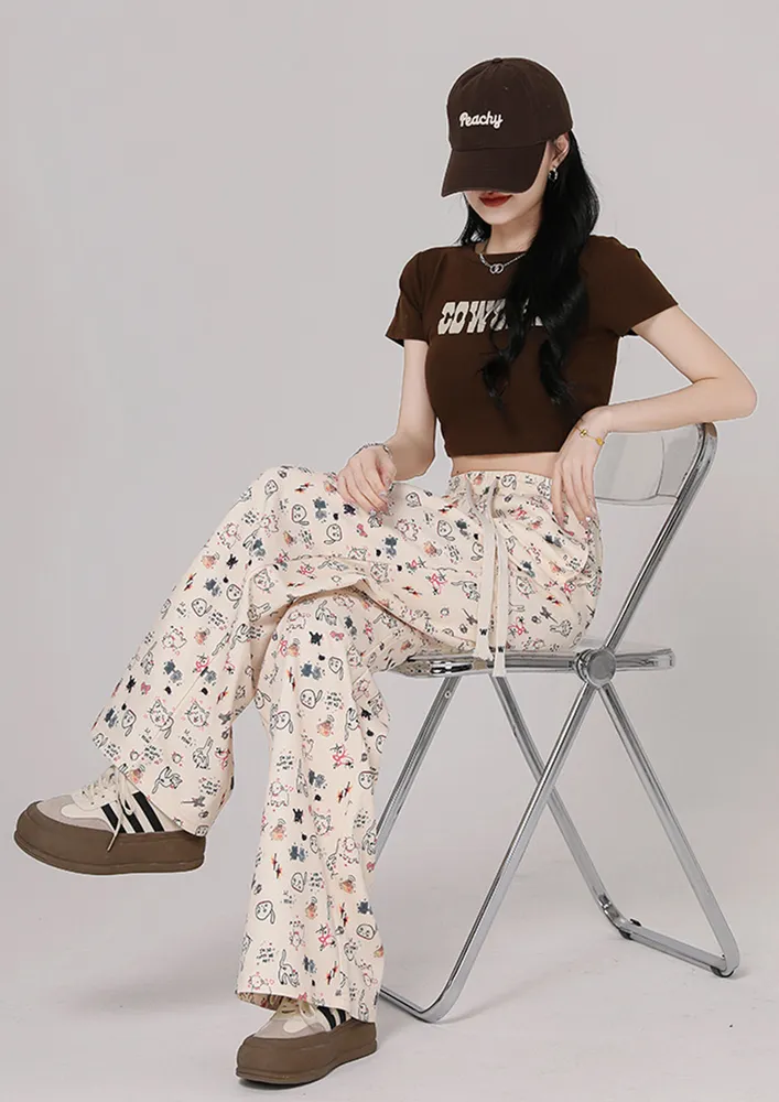 Beige Motif Print Drawstring-waist Pants