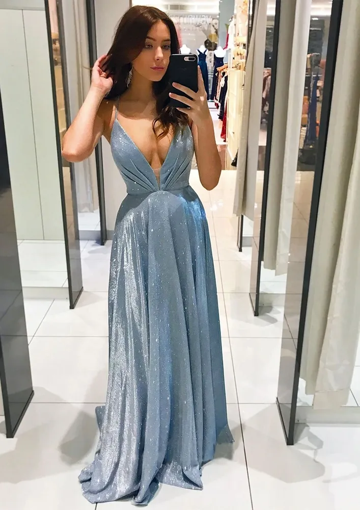 Blue Shimmery Plunge Neckline Maxi Dress